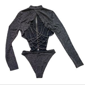 Black & Silver Turtle Neck Strappy Back Bodysuit size medium